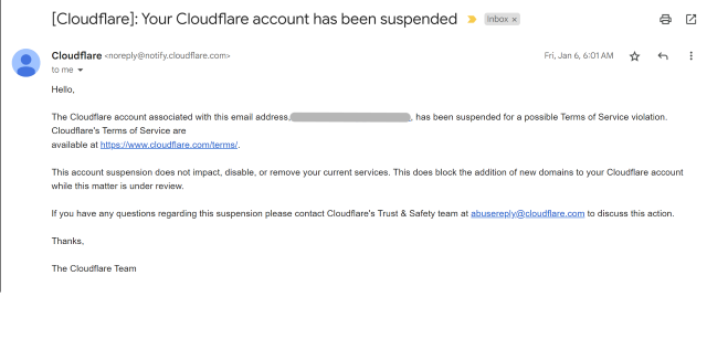 Your Cloudflare account has been suspended